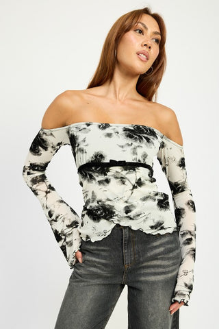 Hot Girl  Black Dahlia Floral Off Shoulder Long Sleeve Top