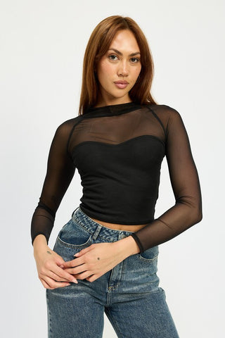 Hot Girl Sheer Illusion Contrast Mesh Long Sleeve Top