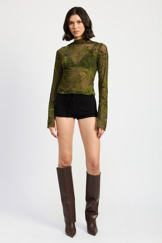 Hot Girl Hellebore Floral Lace Mock Neck Long Sleeve Top In Olive