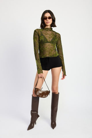 Hot Girl Hellebore Floral Lace Mock Neck Long Sleeve Top In Olive