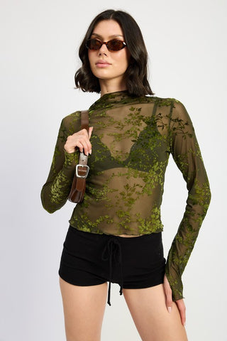 Hot Girl Hellebore Floral Lace Mock Neck Long Sleeve Top In Olive