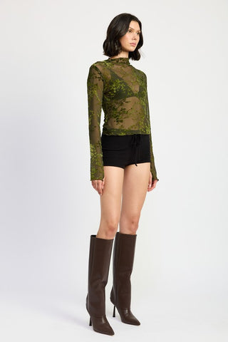 Hot Girl Hellebore Floral Lace Mock Neck Long Sleeve Top In Olive