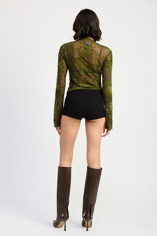 Hot Girl Hellebore Floral Lace Mock Neck Long Sleeve Top In Olive