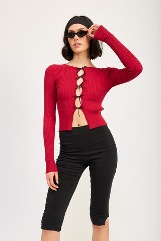 Hot Girl Tessa Bow Tied Ribbed Long Sleeve Top