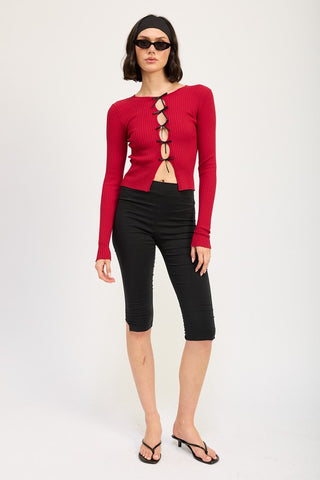 Hot Girl Tessa Bow Tied Ribbed Long Sleeve Top