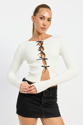 Hot Girl Tessa Bow Tied Ribbed Long Sleeve Top