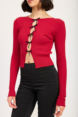 Hot Girl Tessa Bow Tied Ribbed Long Sleeve Top