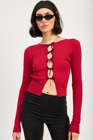 Hot Girl Tessa Bow Tied Ribbed Long Sleeve Top