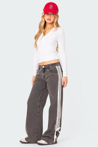 Hot Girl Mid Rise Track Striped Wide Leg Jeans In Washed Black