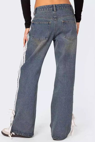 Hot Girl Mid Rise Track Striped Wide Leg Jeans In Denim Blue