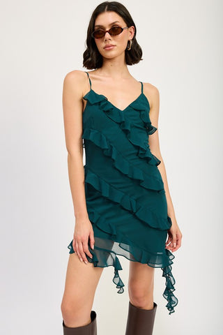 Hot Girl Adeline Asymmetrical Ruffle Mini Dress