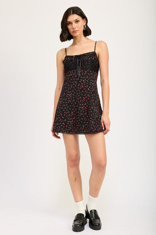 Hot Girl Blossom Lace Trim Floral Slip Mini Dress In Black