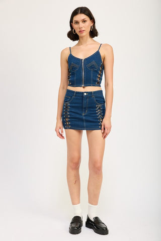 Hot Girl Tied & True Lace Up Mini Denim Skirt