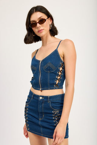 Hot Girl Tied & True Lace Up Mini Denim Skirt