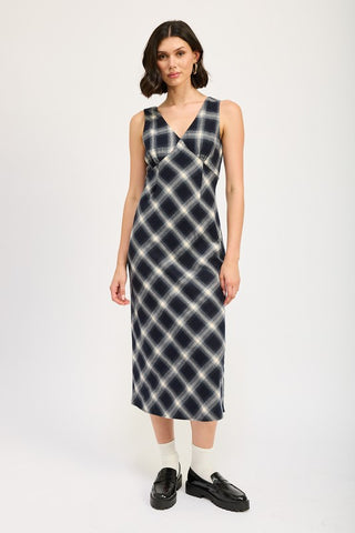 Hot Girl Oxford Nights Plaid Midi Dress In Navy