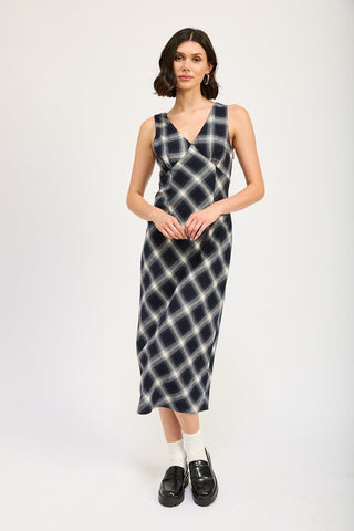 Hot Girl Oxford Nights Plaid Midi Dress In Navy