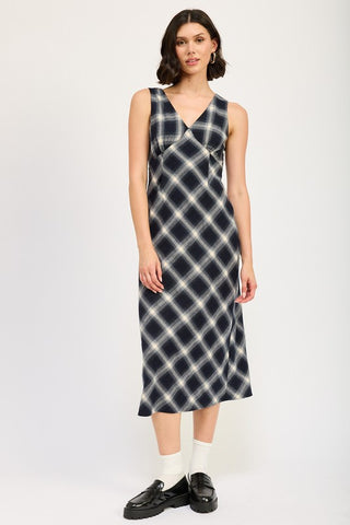 Hot Girl Oxford Nights Plaid Midi Dress In Navy