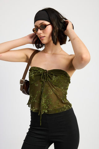 Hot Girl Floral Mesh Flyaway Tube Top In Olive