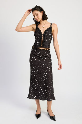 Hot Girl Spot On Polka Dot Satin Lace Trim Midi Skirt