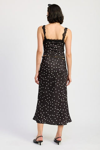 Hot Girl Spot On Polka Dot Satin Lace Trim Midi Skirt