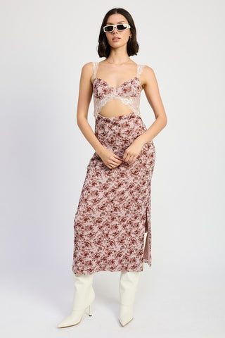 Hot Girl Bohemian Bloom Lace Contrast Floral Maxi Dress In Merlot