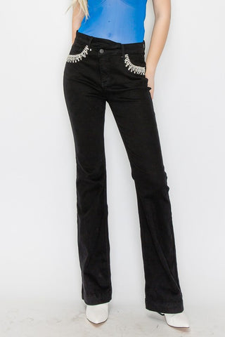 Hot Girl X Artemis Rhinestone Pocket High Rise Cross Waist Flared Jeans In Black