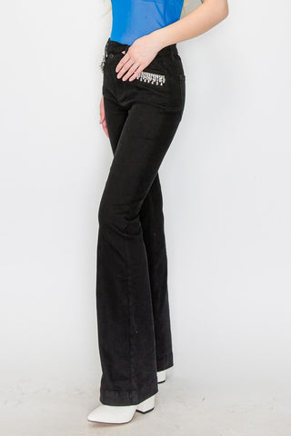 Hot Girl X Artemis Rhinestone Pocket High Rise Cross Waist Flared Jeans In Black