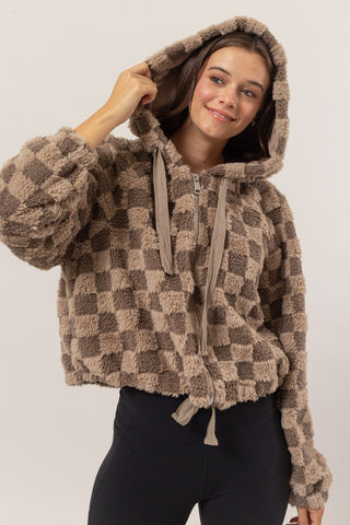 Hot Girl HYFVE Checkered Sherpa Hooded Shacket In Mocha