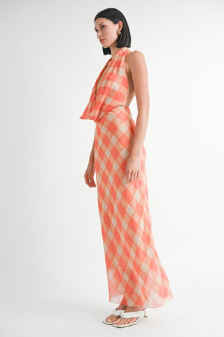 Hot Girl Gingham Glow Open Back Halter Satin Maxi Dress