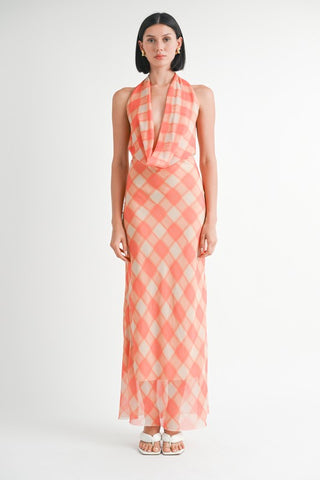 Hot Girl Gingham Glow Open Back Halter Satin Maxi Dress