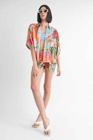 Hot Girl Tropical Resort Oversized Button Up Short Sleeve Shirt