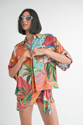 Hot Girl Tropical Resort Oversized Button Up Short Sleeve Shirt