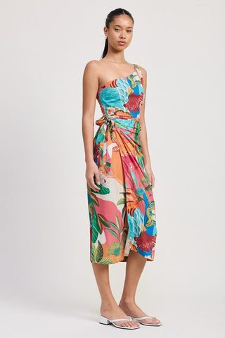 Hot Girl Tropical Resort One Shoulder Wrapped Midi Dress