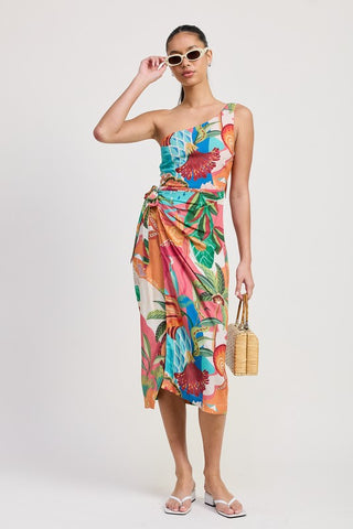 Hot Girl Tropical Resort One Shoulder Wrapped Midi Dress