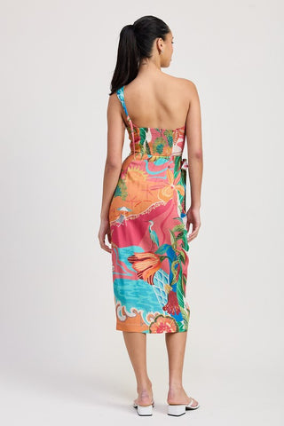 Hot Girl Tropical Resort One Shoulder Wrapped Midi Dress