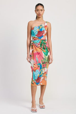 Hot Girl Tropical Resort One Shoulder Wrapped Midi Dress