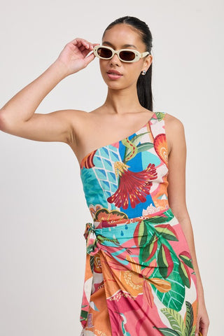 Hot Girl Tropical Resort One Shoulder Wrapped Midi Dress