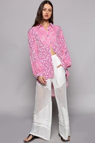 Hot Girl Button Down Paisley Print Pink Long Sleeve Shirt