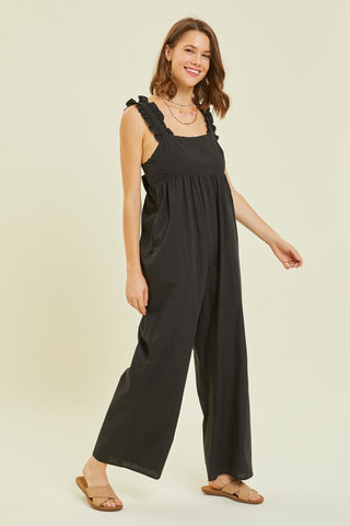 Hot Girl Ruffled Strap Back Tie Wide Leg Linen Jumpsuit In Black - Hot Girl Apparel