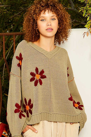 Hot Girl V-Neck Floral Pattern Chenille Sweater In Olive