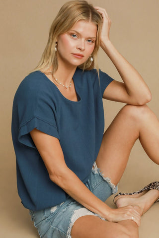 Hot Girk X Umgee Drawstring Hem Linen Short Sleeve T-Shirt In Peacock Blue