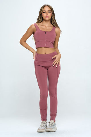 Hot Girl Zip Up Cutout Cropped Sports Tank Top And Leggings Set