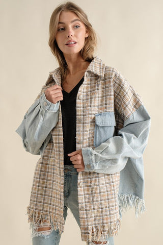 Hot Girl Tweed Mixed Denim Raw Hem Shacket