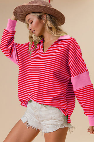 Hot Girl Striped Contrast Knit In Hot Pink Long Sleeve Top