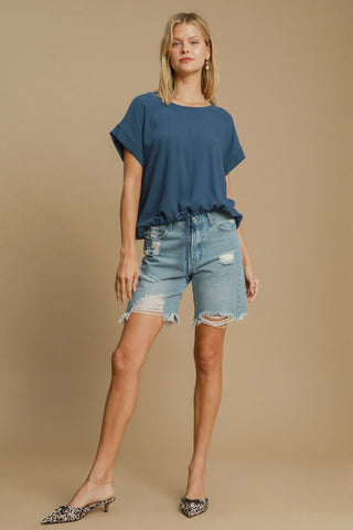 Hot Girk X Umgee Drawstring Hem Linen Short Sleeve T-Shirt In Peacock Blue