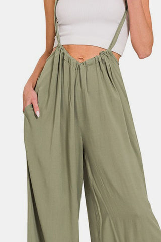 Hot Girl Pocketed Wide Leg Overalls In Olive - Hot Girl Apparel