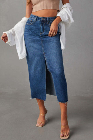 Hot Girl Slit Raw Hem Midi Denim Skirt - Hot Girl Apparel