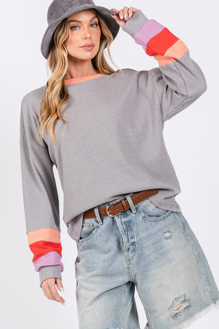 Hot Girl SAGE + FIG Color Block Waffle Knit Long Sleeve T-Shirt In Grey