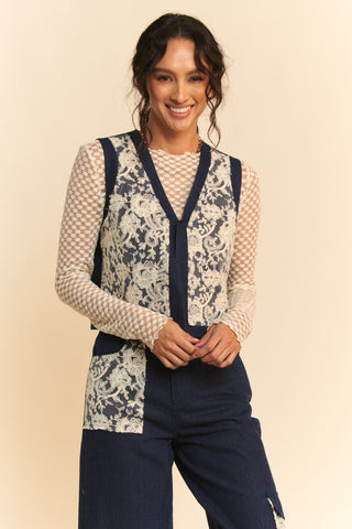 Hot Girl X Davi & Dani Lace Appliqué Open Front Denim Vest Top