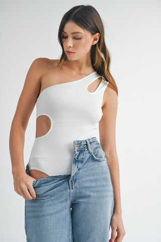 Hot Girl MABLE One Shoulder Ribbed Cutout Detail Bodysuit In White